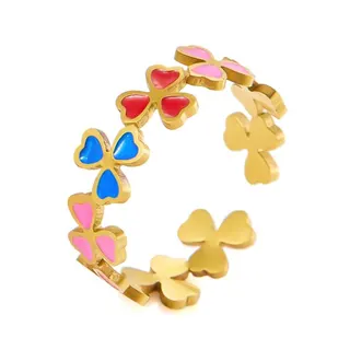 Anillo de corazón en esmalte, acero inoxidable ajustable de apertura, anillo de corazón en esmalte multicolor estilo macaron, baño de oro blanco, hipoalergénico y resistente al color, regalo para amigas, Talla 7