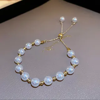 白色仿珍珠抽拉可调手链女 镀KC金合金隔珠 轻奢法式复古串珠手串 16-26cm 送礼