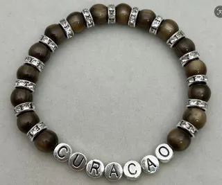 串珠手链 CURACAO 虎眼石镶钻字母度假风女手链 8mm 合金天然石 旅行纪念轻奢配饰