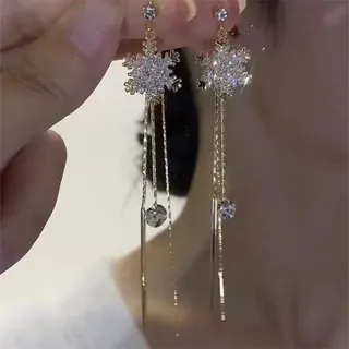 长款气质微镶满钻雪花流苏耳线