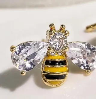 蜜蜂动物锆石耳钉耳环 轻奢可爱珐琅彩 18K金电镀铜镶锆石 水滴4*6圆形3mm 少女心一对装