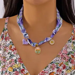 太阳花朵椰树豹纹丝巾多吊坠项链