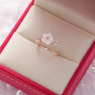 贝壳花朵枝干镶钻开口指环戒指