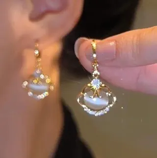 如意平安锁猫眼石耳扣耳环