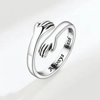 I love U forever拥抱手掌戒指 泰银合金开口可调节指环 内壁刻字forever心形 情侣女款轻奢纪念戒