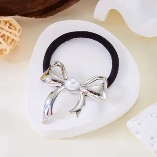 银色仿珍珠蝴蝶结发绳发饰