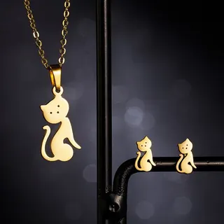 小猫不锈钢项链耳钉套装
