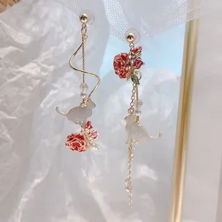 小猫花朵不对称长款流苏珍珠画油耳钉耳环