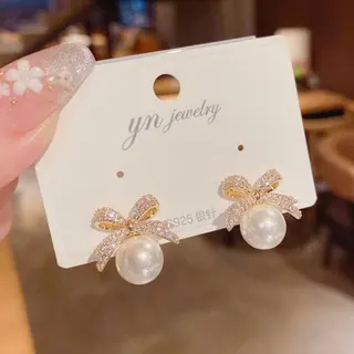 S925银针蝴蝶结珍珠耳钉耳环