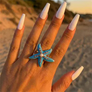 Summer Boho Starfish Ring - White Enamel Pearl & Rhinestone Alloy Ring, Ocean Vacation Statement Jewelry for Women