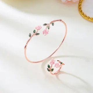 滴油玫瑰花开口手镯戒指套装