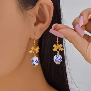 青花瓷水滴仿珍珠耳钩耳环
