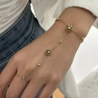 简约不锈钢玫瑰花锆石手指链手链
