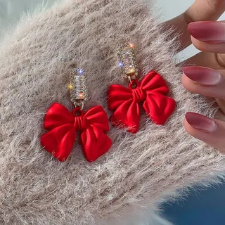 红色蝴蝶结吊坠烤漆水钻耳钉耳环