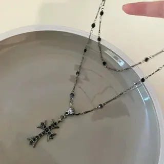 哥特风双层红色十字架项链