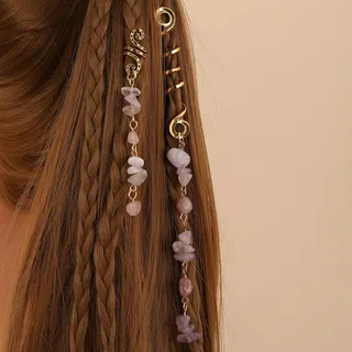 Elástico de cabelo para trança estilo francês vintage boêmio, corrente de cabelo com contas de quartzo rosa natural, acessório de cabelo em espiral dourada, conjunto lilás (8,5cm + 14cm)