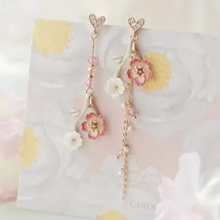 爱心樱花花朵不对称AB款长款流苏水钻画油耳钉耳环