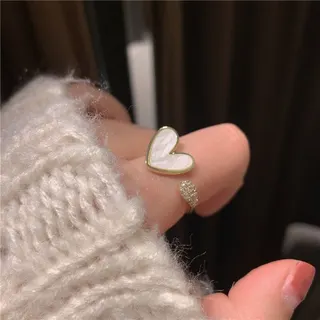 爱心贝壳戒指 法式复古开口可调节女戒 合金电镀18K金 轻奢锆石叠戴戒指 1只起卖