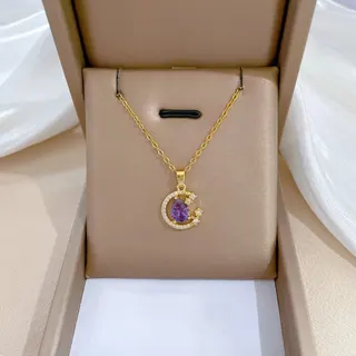 轻奢钛钢月亮星星镶钻锁骨链 紫色水滴主石项链女 18K金保色不掉色 可调节40+5cm 送女友生日礼物