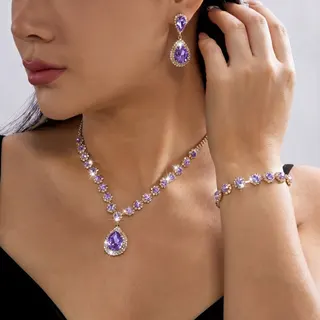 简约满钻水滴宝石项链手链耳环套装