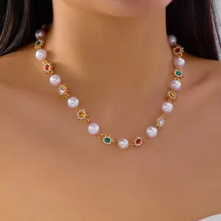 珍珠彩钻花朵项链