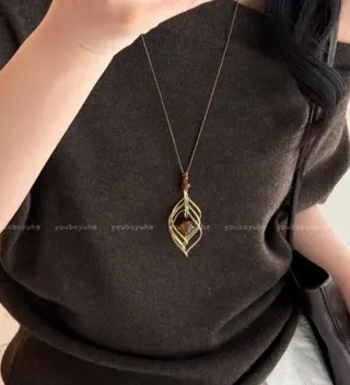 美拉德金色虎眼石长款吊坠项链