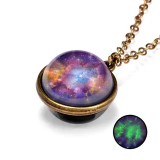 Galaxy Nebula Cosmic Glow-in-the-Dark Double-Sided Vintage Pendant Necklace, Alloy Glass Round Starry Sky Choker, 2x2cm
