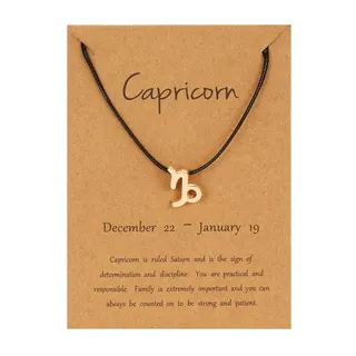 Capricorn摩羯座符号吊坠项链 黑绳镀KC金合金 可调节18-32cm 十二星座星座礼物 带牛皮纸卡包装