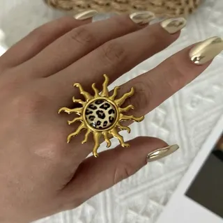 不锈钢创意豹纹戒指 复古波西米亚太阳花指环 18K金电镀个性夸张statement ring 约2cm
