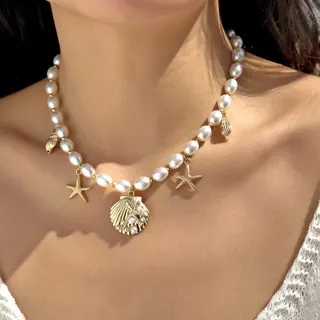 珍珠贝壳海星海螺多吊坠项链