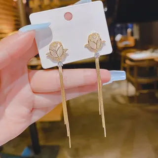 玫瑰花花朵猫眼石镶钻长款流苏耳钉耳环