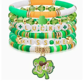 小清新绿色软陶爱尔兰节LUCKY幸运手串组合手链6条套装