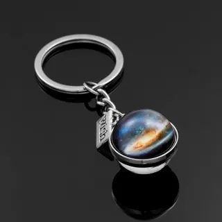 银河系星空双面玻璃球钥匙扣 合金镜面抛光电镀银 星球星云夜光挂件 链条8.3cm球径2.3cm 创意情侣礼物钥匙链