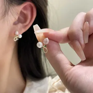 法式复古郁金香花朵耳环 粉色仿珍珠珐琅叶子微镶锆石 合金轻奢甜美垂坠耳饰女 1.5cm