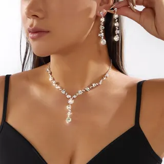 简约满钻流苏项链耳环套装