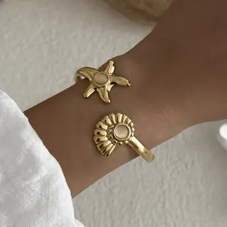 Ocean Series Stainless Steel Bangle, Gold Open Cuff Bracelet with Starfish & Shell Mother-of-Pearl Inlay, 18K Gold Plated, Hypoallergenic Vacation Jewelry