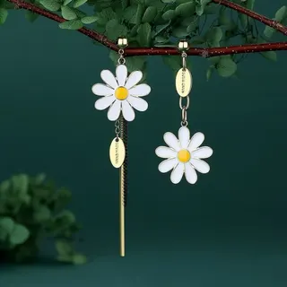 雏菊花朵椭圆片字母长款流苏不对称耳钉耳环
