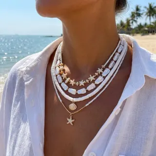 度假风海星贝壳珍珠软陶项链4条套装