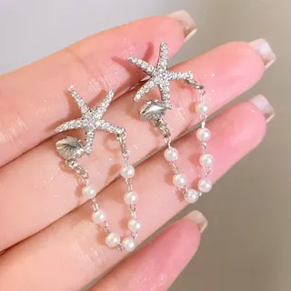 镶钻海星贝仿珍珠耳钉