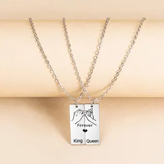 King Queen牵手Forever刻字情侣项链 不锈钢镜面抛光男女对链 2.5cm吊坠 42+5cm可调节 纪念日礼物