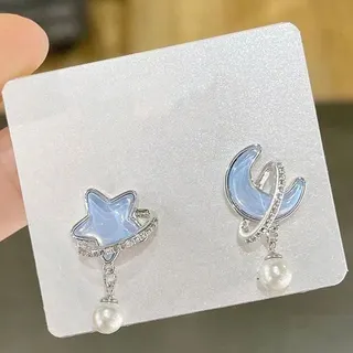 清透星星月亮珍珠耳环 蓝色珐琅滴釉 不对称水钻垂坠 合金轻奢少女耳饰 1.8cm