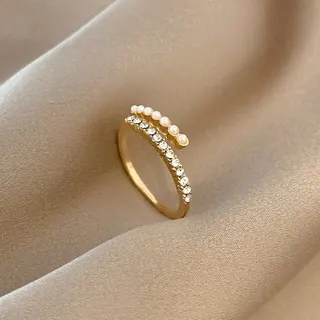 轻奢法式复古珍珠镶钻开口戒指 女 18K金电镀保色 可调节尺寸双排水钻指环 叠戴细戒