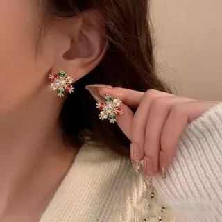 圣诞彩色雪花镶钻耳钉耳环