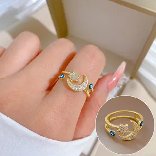 星星月亮眼睛锆石开口可调节戒指