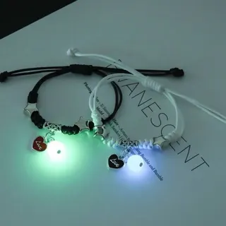 夜光樱花花朵手链 情侣一对装 手工编织绳手绳 合金电镀银珠 发光花瓣吊坠 可调节14-22cm 清新少女送礼