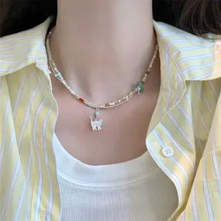 双层彩色串珠小猫项链 合金+串珠 马卡龙清新甜美少女锁骨链 45+5cm 垂坠小猫吊坠百搭颈饰