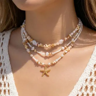 Boho Ocean Starfish Pearl Beaded Necklace Set of 3 - Gold Starfish Charm Layered Choker with Shell Chips & Rice Beads, Vacation Beach Jewelry for Women