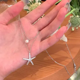 Double Layer Starfish & Pearl Pendant Necklace for Women, Alloy Rhinestone Clavicle Chain, 32cm+42cm Layered Collarbone Necklace, French Ocean Vacation Style Jewelry