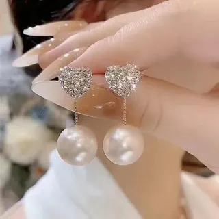 S925银针爱心镶钻珍珠耳钉耳环