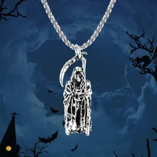 Collana con falce del mietitore di Halloween, ciondolo teschio in stile gotico dark, in lega color argento antico con incisione tridimensionale, catena regolabile 60+5 cm, accessorio per feste e cosplay